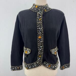 VTG Lisa Nichols Black Knit Jewels Cardigan Sweater Beaded Ramie Cotton Glams M